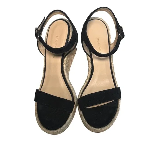 Stuart Weitzman Espadrille Wedge Sandals Black Ankle‎ Strap Shoes - Picture 2 of 6